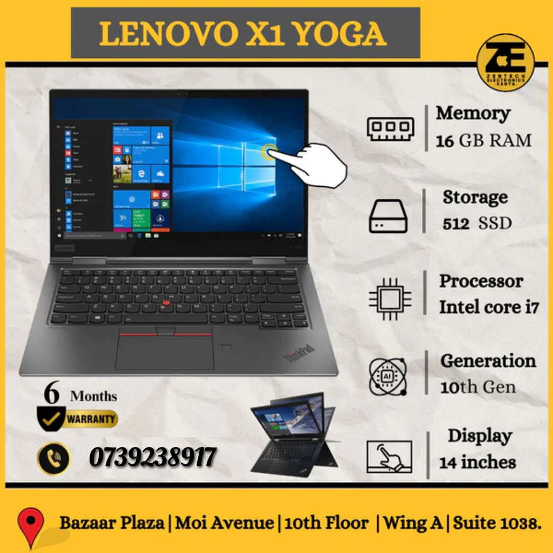 Lenovo ThinkPad X1 Yoga promotional image showcasing the laptop with a 14-inch touchscreen, Intel Core i7 processor, 16GB RAM, and 512GB SSD.